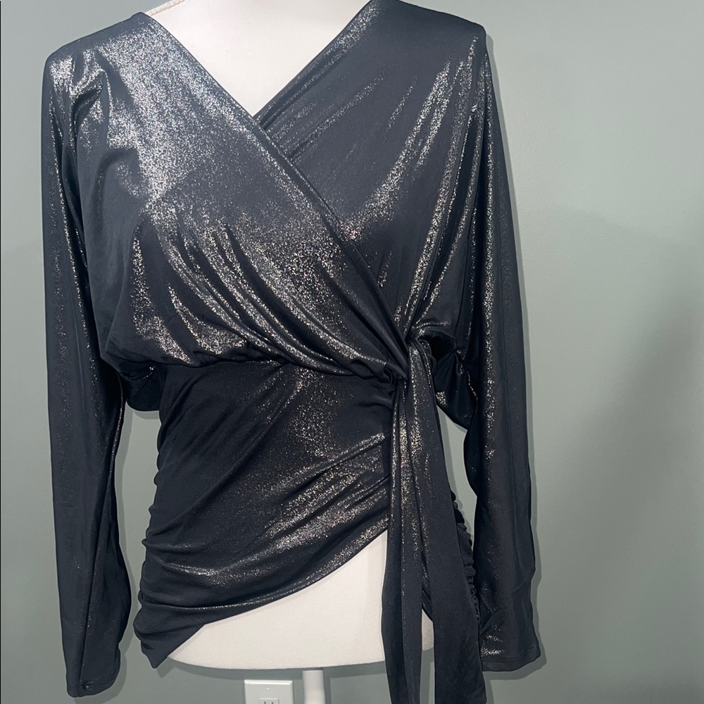 Express Metallic Black Wrap Blouse with Tie Waist